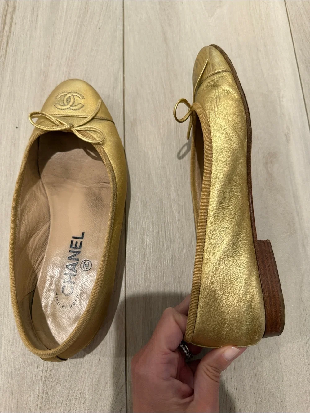 CHANEL Classic Leather Ballet Flats in Gold Size 38